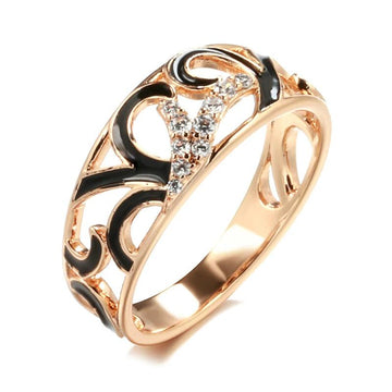 Unusual Black Enamel 14K Rolled Rose Gold AAA Zircon Diamonds Creative Ethnic Ring for Women Wedding Jewellery